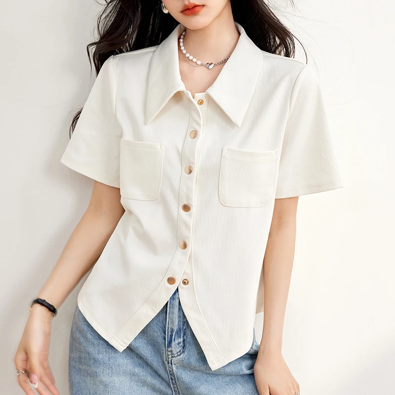 

QOERLIN Short Sleeve Women Shirts Summer Single-Breasted Button Up Short Blouse Cropped Tops Female Pocket Elegant Casual Shirts