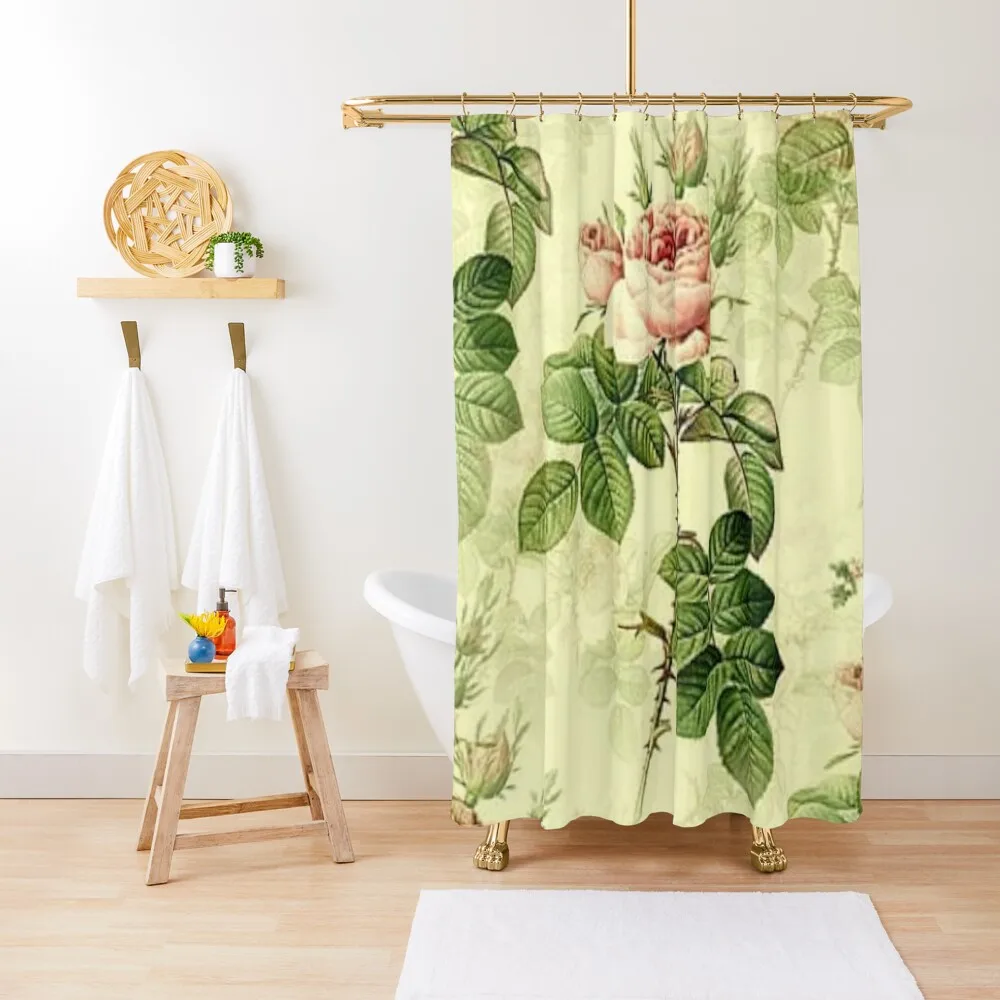 

Antique Pastel Floral Wallpaper with Roses- Botanical Chintz Shower Curtain For Bathrooms Bathtub Shower Waterproof Curtain