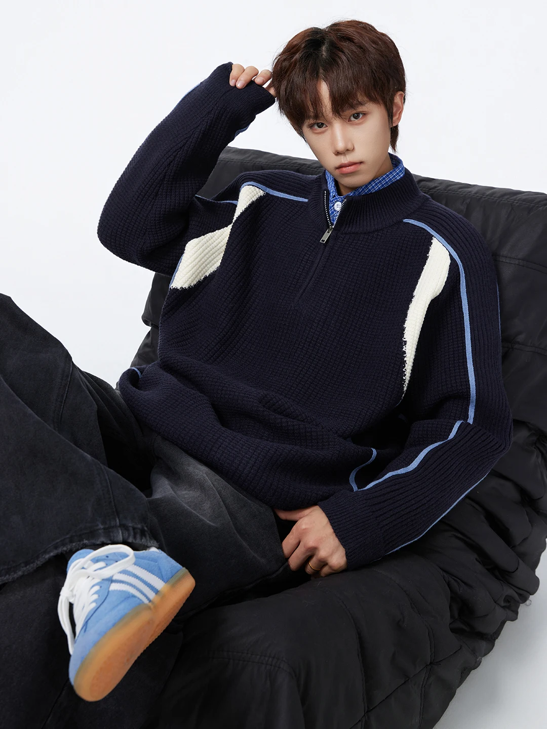 

American Sle Patchwork f Zip Knitwear Men's Autumn Winter Trendy Cleanfit Heavy Lazy Sweater Overhead irt