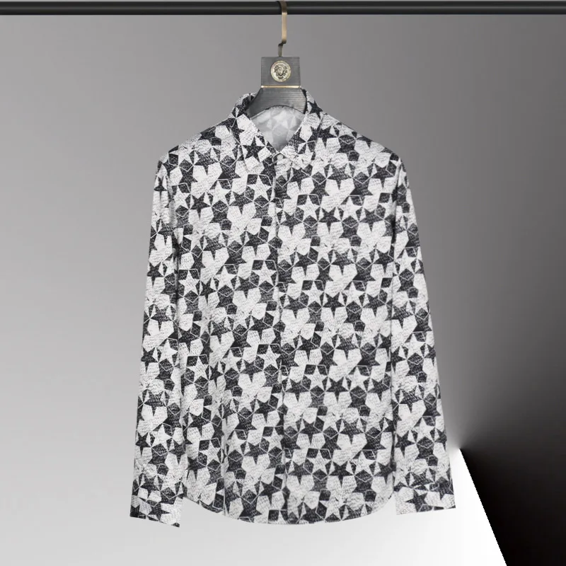 2022 Silk Men's Shirts Luxury Pentagram Allover Printed Long Sleeve Smart Casual Male Dress Shirts Fashion Party Man Shirts