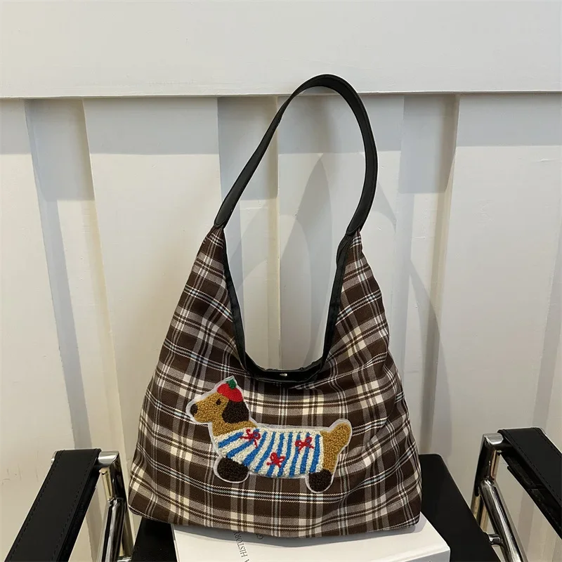 Plaid tote bag cute dachshund college student class shoulder bag