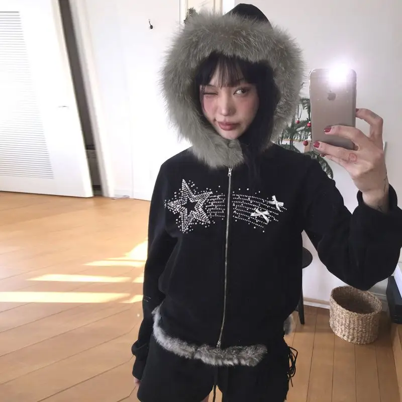 Retro Y2K Millennium Spicy Girl Hooded Zipper Short Sweatshirt Women Lightweight Cultural Long Sleeve Top Fur Collar