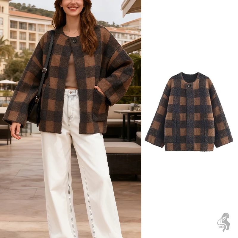 

Womens Plaid Knit Coat Jacket Elegant Round Neck Loose Fit Fashionable And Versatile Suitable For Daily Commute And Casual Wear