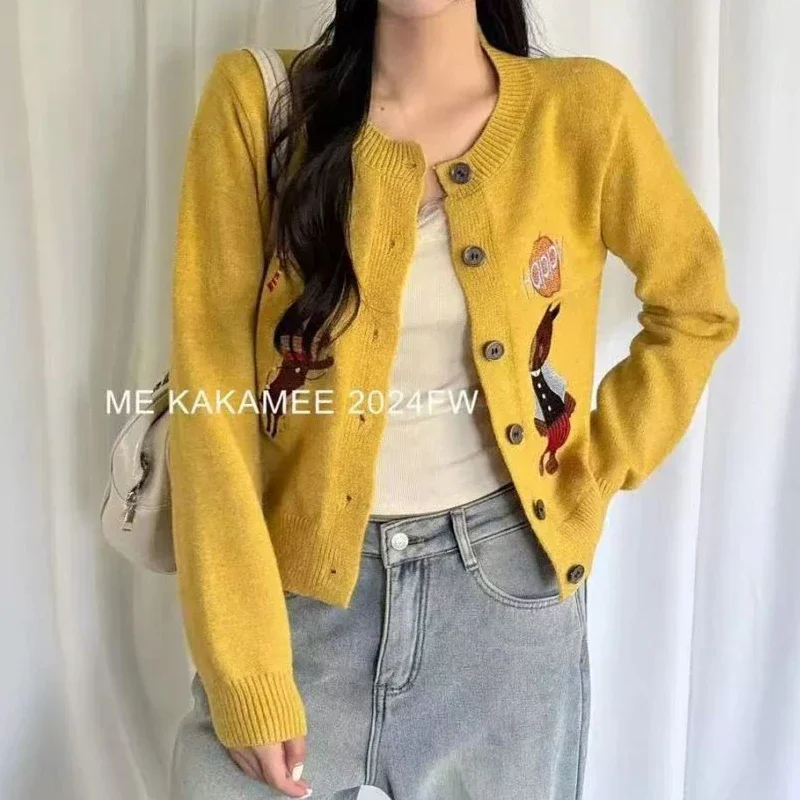 Casual Streetwear Y2K O Neck Long Sleeve Slim Knitted Sweater Women Cartoon Cute Sweet Chic Embroidery Single Breasted Cardigan