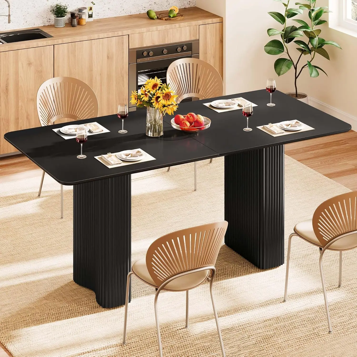 

63'' Dining Table for 4-6 People Modern Rectangular Kitchen Table with Solid Wave Curved Legs Large Cream Black Dinner Table for