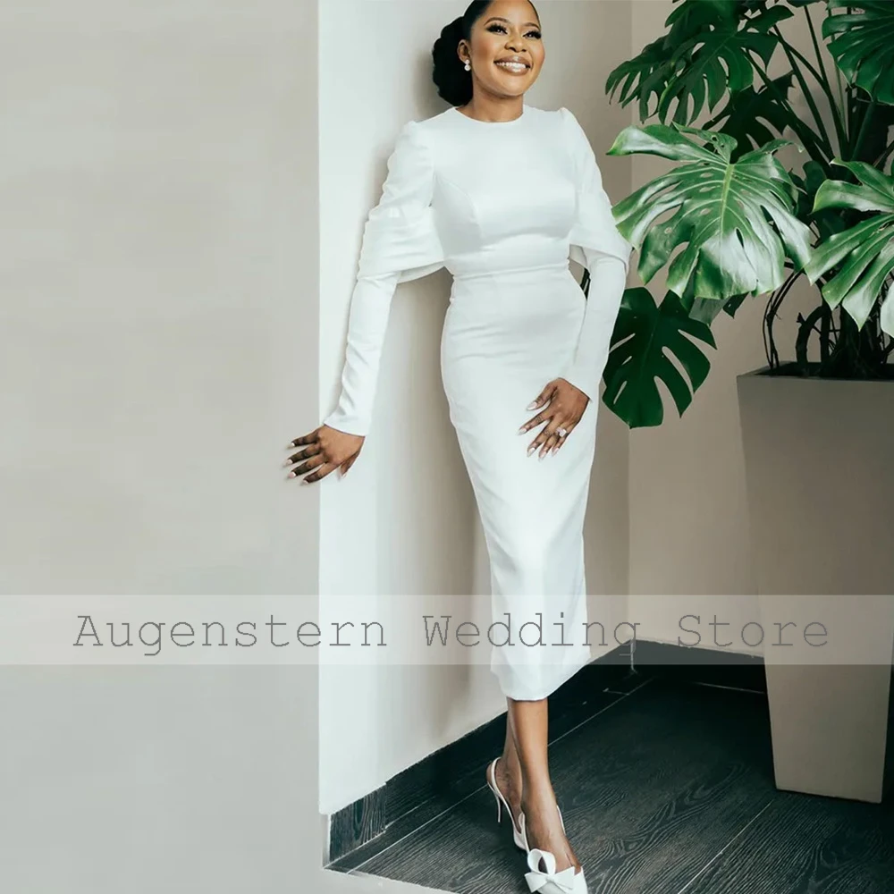 Vestidos de novia de salón de Arabia Saudita, vestidos de fiesta de boda con vaina/columna de satén, vestidos de invitados de boda plisados con cuello redondo de marfil Midi 2025