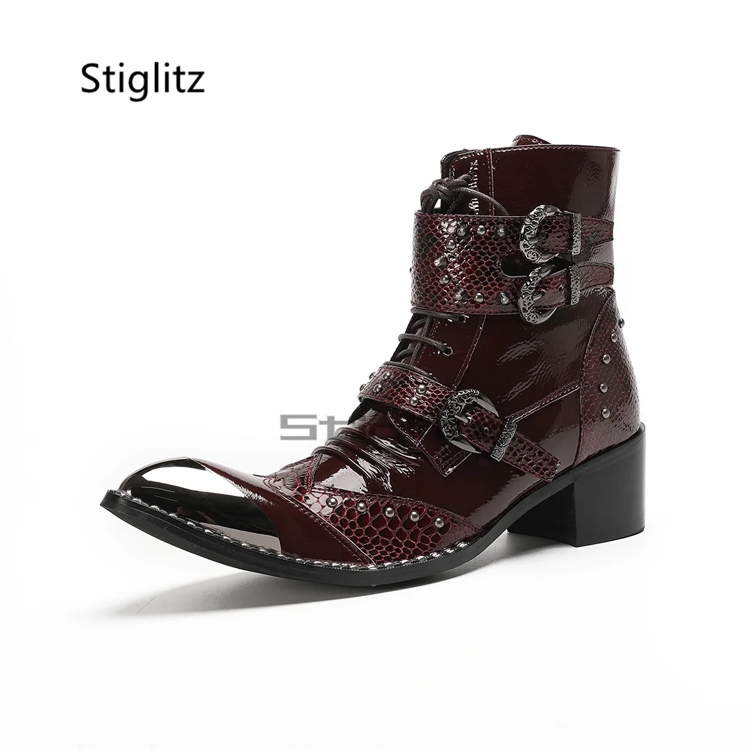 

Бордовые мужские ботинки челси из лакированной кожи с заклепками в стиле панк, ботильоны на высоком каблуке с металлической пряжкой и острым носком, мужская деловая обувь