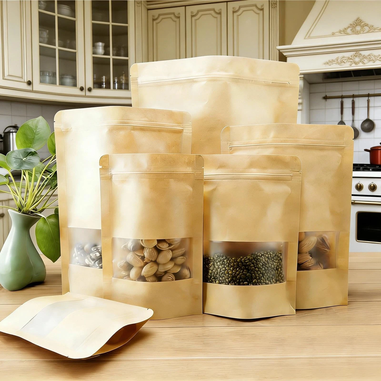 20PCS Reusable Kraft Paper Bags with Window, Zipper Closure, Brown, Layered with Waterproof Coating, Ideal for Dry Foods