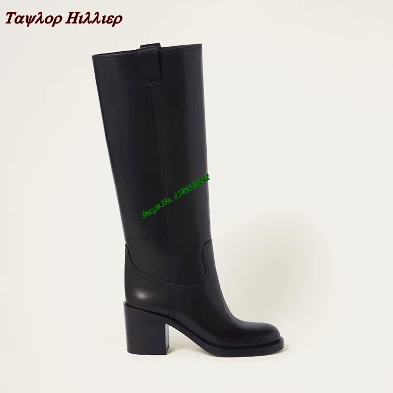 Autumn Winter Genuine Leather High Boots For Women New Round Toe Thick Heel Slip-On Knee Long Boots Fashion Catwalk Knight Boots