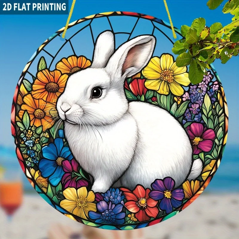 2D Flat Cute Rabbit Sun Catcher | Bohemian Stained -Style Round Acrylic Window Hanging with White Rabbit & Multicolor Floral & F