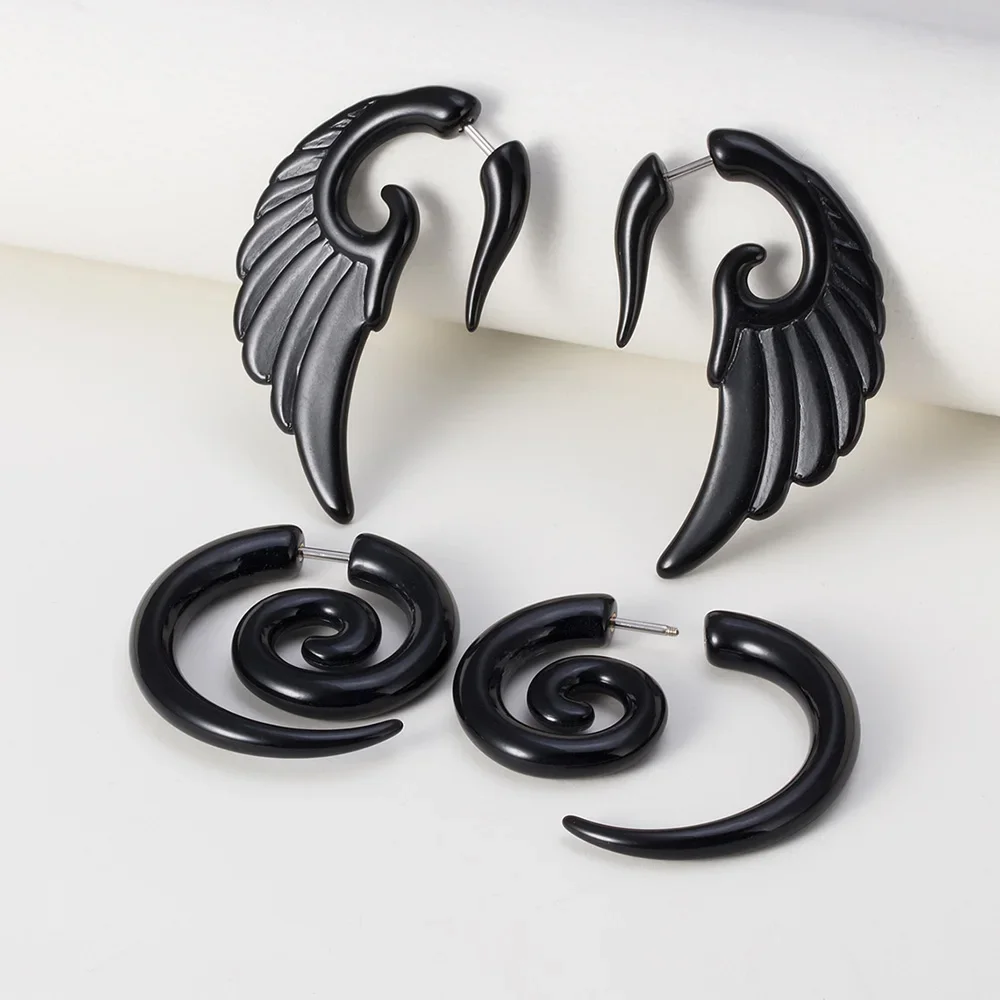 2pcs Vintage Black Acrylic Fake Cheater Ear Stretcher Flesh Earrings Punk style Acrylic Spiral Ear Taper Gauges Piercing Oreja