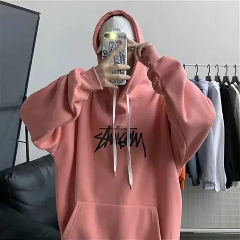 2024 Trendy Letter Print Fleece-lined Hooded Sweatshirt For Men Loose Fit Casual Style Autumn winter Fashion Couple Jacket