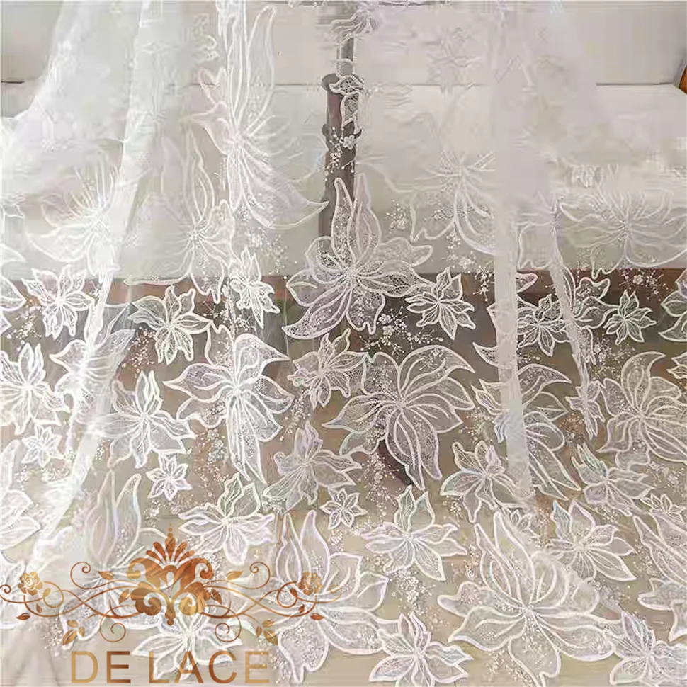 

JZQ Exquisite Embroidered Floral Lace Fabric Sequin Beads High Quality Handmade DIY Embroidered Mesh for Wedding Dress