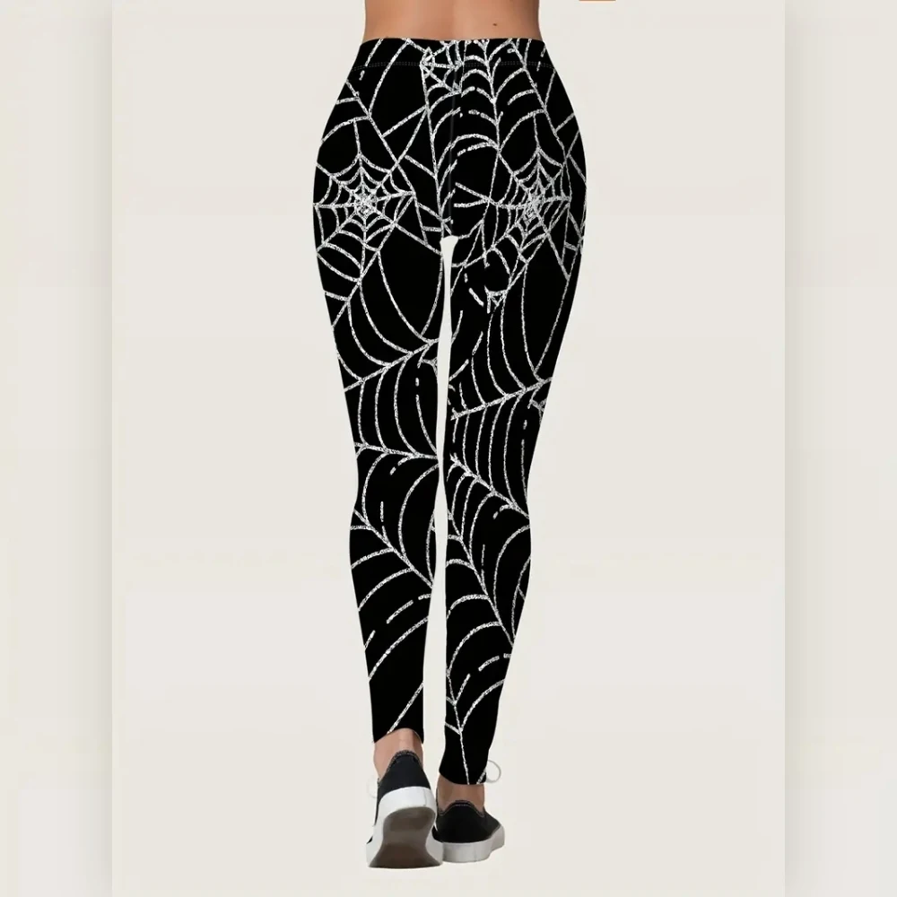 Halloween spiderweb print stretch elastic waist tight casual leggings for women