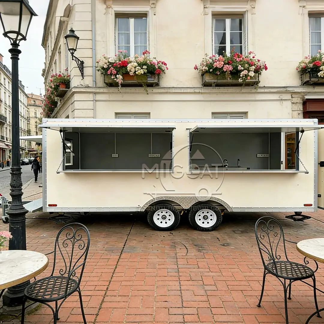 

Beige Mobile Stainless Steel Kitchen Food Trailer with Serving Windows And Sink for Outdoor Snack Vending