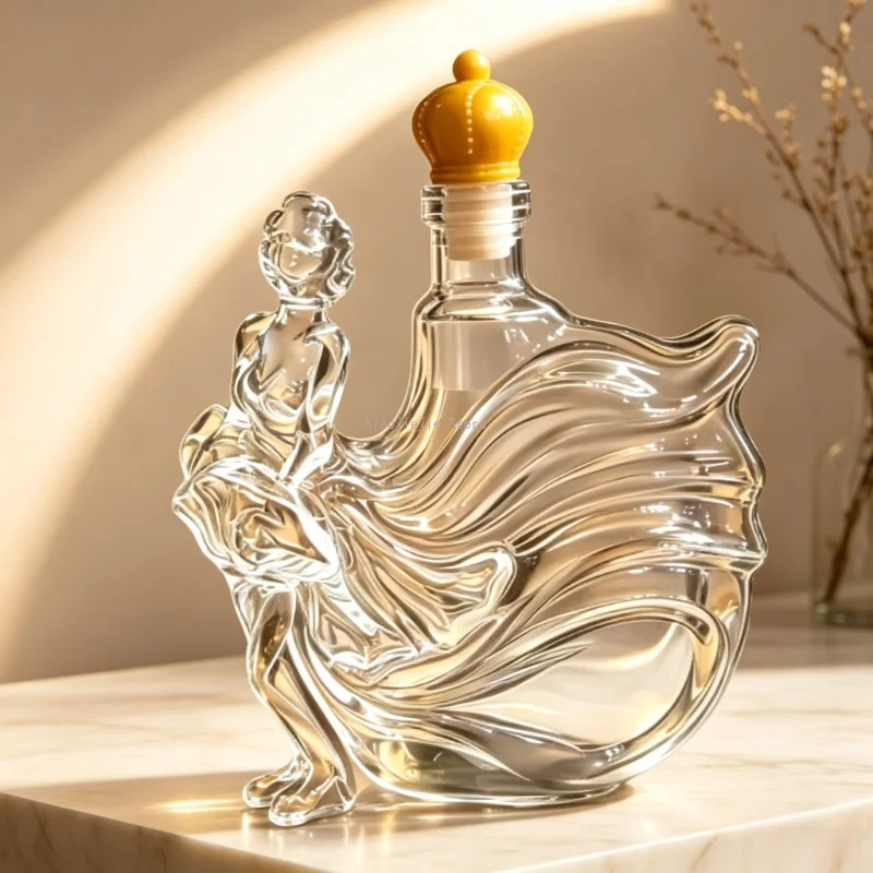 Dancing Lady Shaped Glass Liquor Decanter, Leakproof Bottle with Crown Stopper for Whisky Bourbon Red Wine, Housewarming Gift
