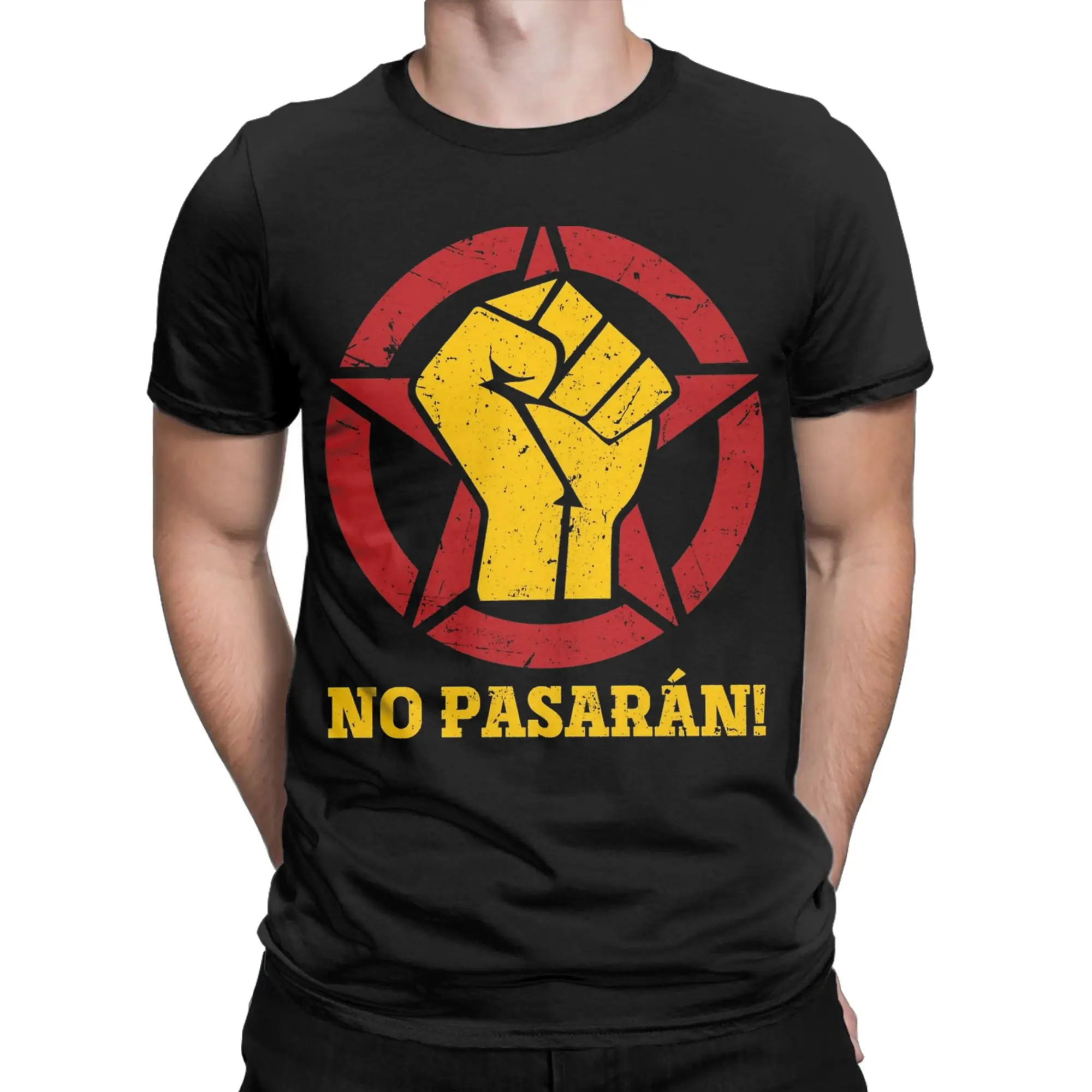Print Anti Fascist No Pasaran Tshirts Men Cotton Short Sleeve Red Star Round Neck Summer Clothes