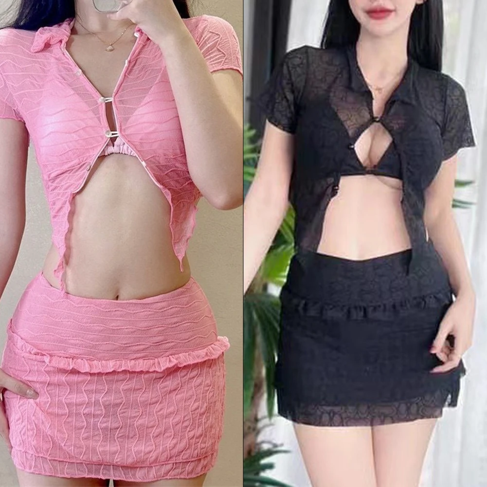 

Women 3-Piece Swimwear Solid Color Comfortable Swimsuit Korean Cover Your Abdomen Conservatively Slight Strech Bikini Fashion