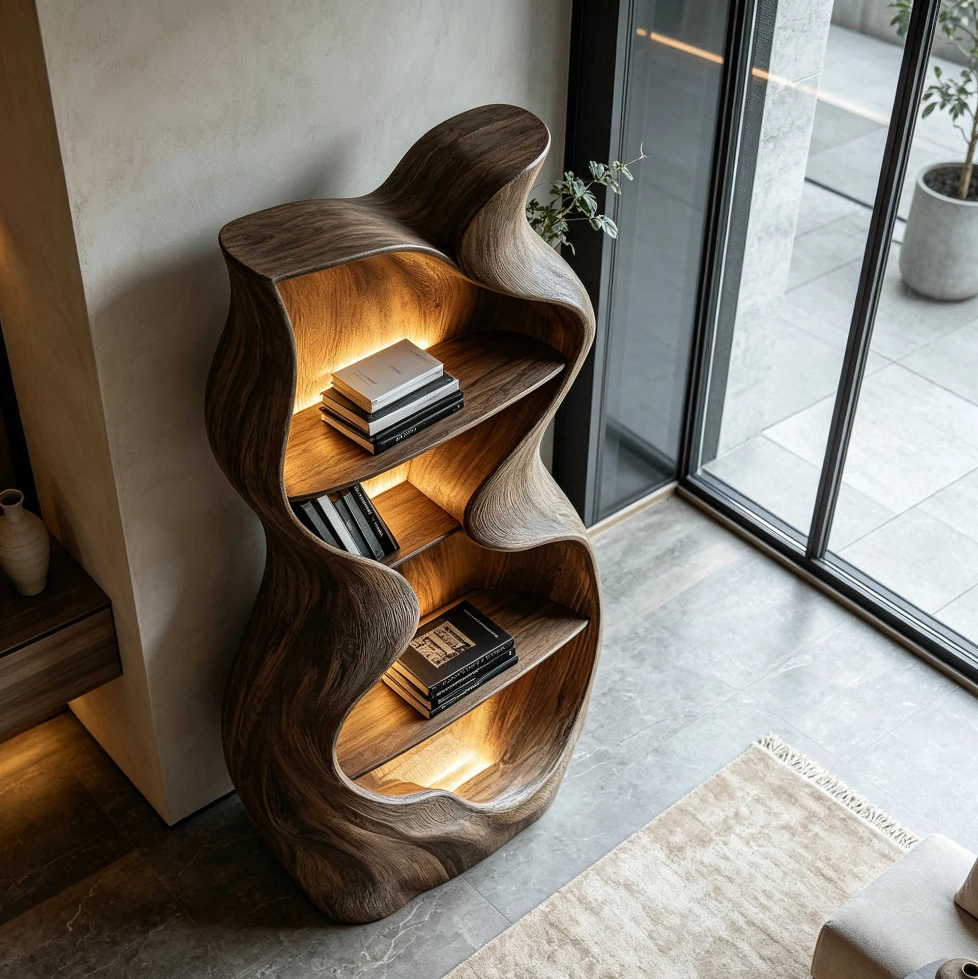 Modern minimalist, hourglass-shaped, wooden dark-textured storage cabinet