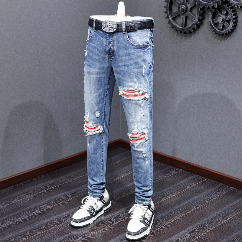 Fashionable new men's jeans, washed, nostalgic, stretchy, slim fit, ripped hole patch, blue jeans, high street hip-hop brand pan