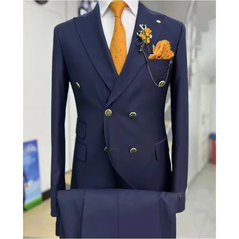 Navy Blue Double Breasted Men's Suits Six-buttons 2 Piece Set Blazer Pant Custom Made Wedding Tuxedos Male Prom Party Suits