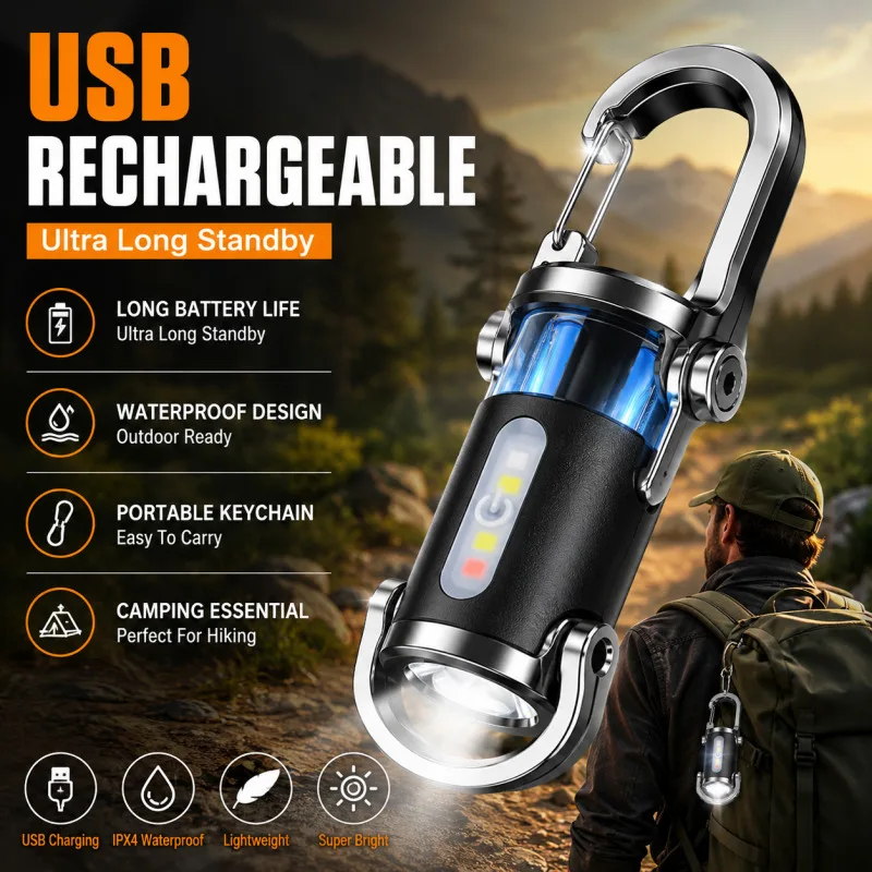 Waterproof Keychain Flashlight Ultra Long Standby, USB rechargeable portable flashlight for Outdoor Hiking Trip and Camping