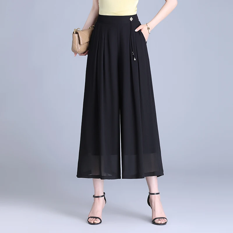 ZUZK Women Summer Black Chiffon Wide Leg Pants New Style Thin Elastic Waist Wide Leg Pants Chic Droop Trousers Eight Point Pants