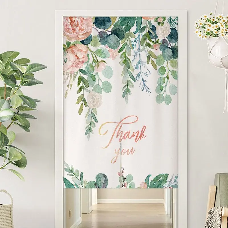 VIKAMA Watercolor Greenery Rose Thank You Door Curtain Ivory Background Pink Blossom Eucalyptus Gold Text Floral Art Linen Noren