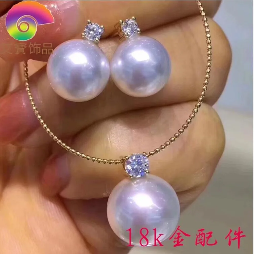 Authentic masterpieces Japanese seawater white akoya pearl AAA  8-9mm 10-11mm11-12MM round pendant pearl earrings set 18K AU750