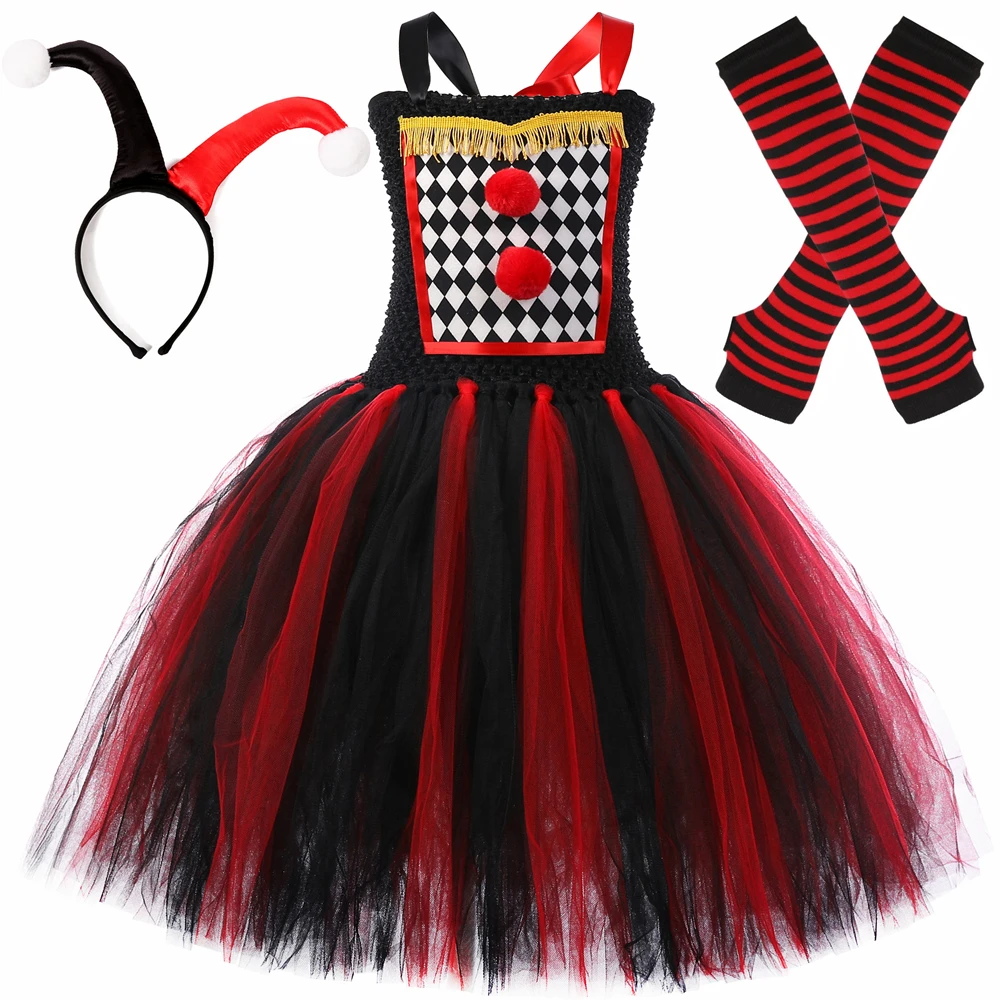 

Evil Circus Clown Costume For Girls Halloween Carnival Party Scary Clown Suit Kids Terror Monster Joker Cosplay Tutu Dress Set