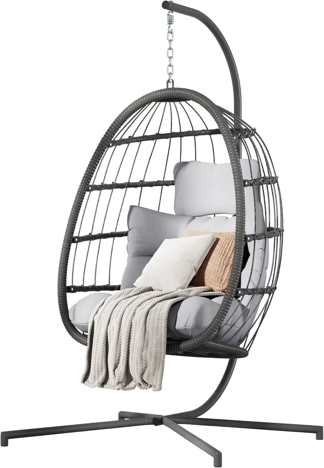 

Hanging Egg Chair with Stand, Patio Wicker Egg Swing Chair with Cushion for Bedroom Garden Indoor Outdoor (Grey)