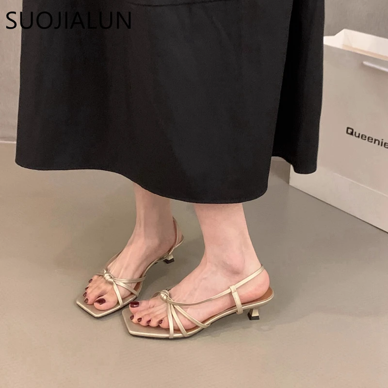 SUOJIALUN 2024 Summer New Brand Women Sandal Shoes Fashion Narrow Band Ladies Elegant Slides Med Heel Outdoor Gladiator Shoes