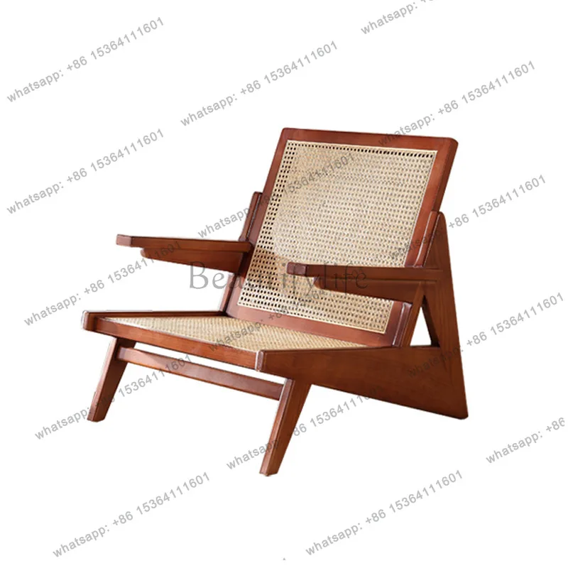 Nordic solid wood three-piece set of hand-woven rattan chair casual simple back recliner