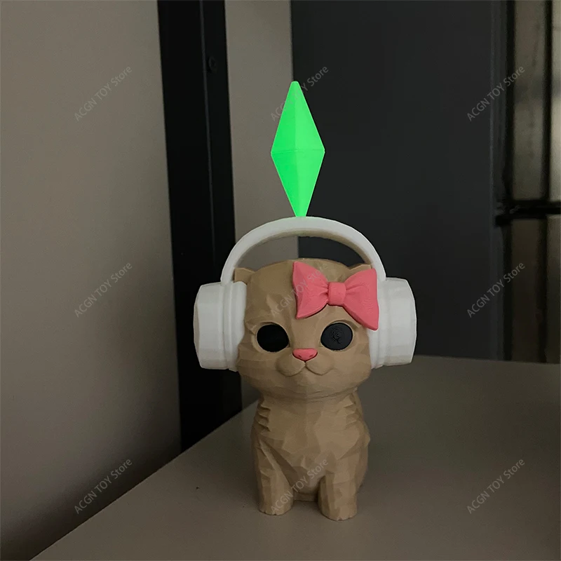 3D-Gedruckte The Sims Plumbob Wackelkopf-Katze mit Kopfhörer und Schleife, Niedliche Wackelkopf-Kätzchen-Figur Schreibtisch-Deko Spielzeug Geschenk