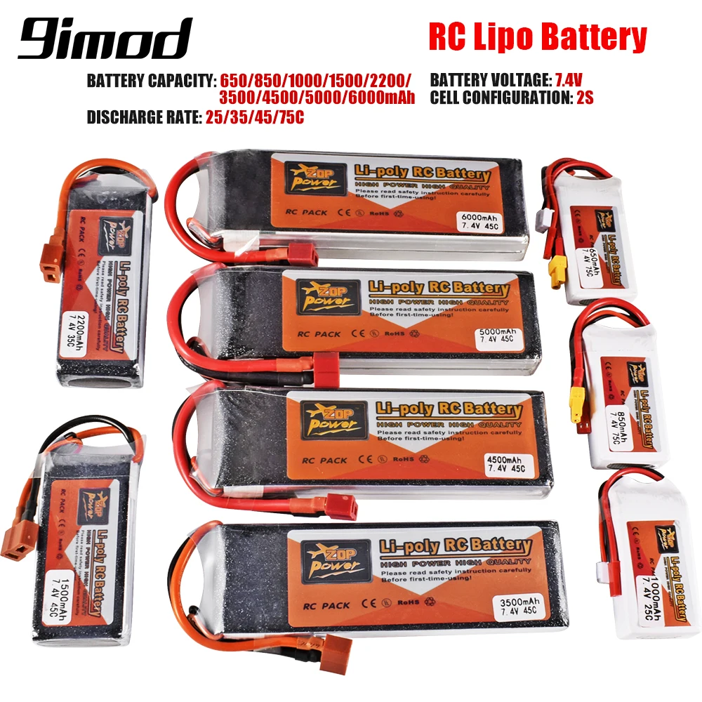 Tプラグ付きLiPoバッテリー,RCカーボートfpvクワッドコプター,9imod 2s,7.4v,650-6000mah,25c-75c,xt30 xt60