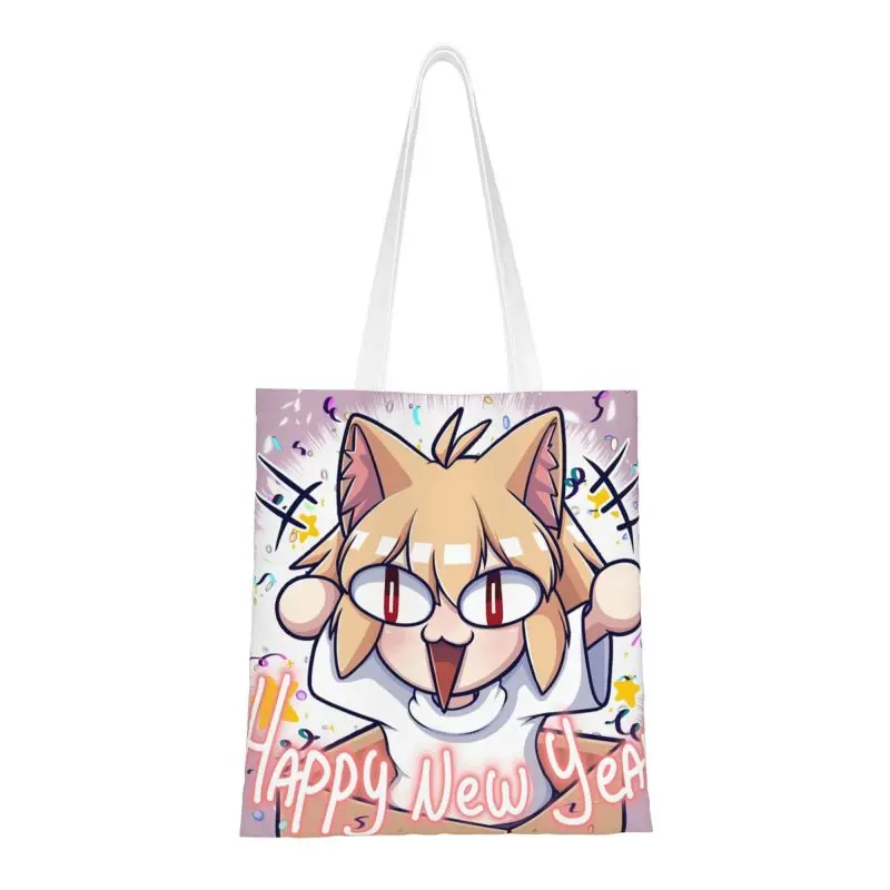 

Kawaii Neco Arc Happy New Year Shopping Tote Bags Recycling Anime Manga Canvas Grocery Shoulder Shopper Bag