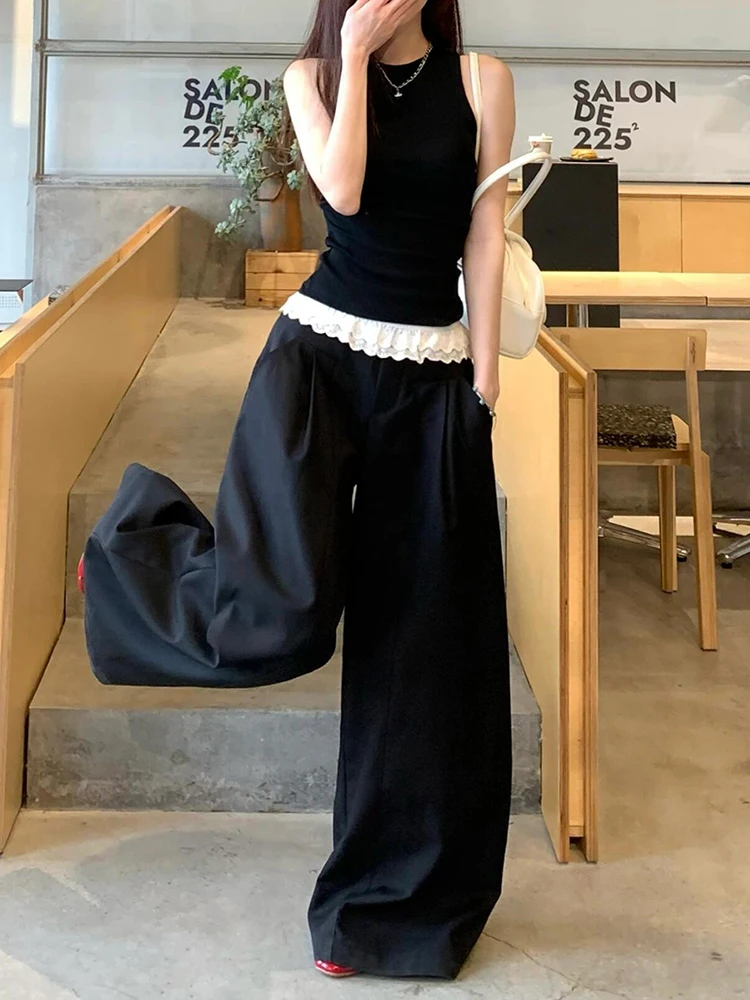 PBAP مكشكش الدانتيل مطوي السراويل واسعة غير رسمية النساء منخفضة الخصر التباين المرقعة ثنيات صالة البدلة بنطلون ملابس الصيف الرجعية #4