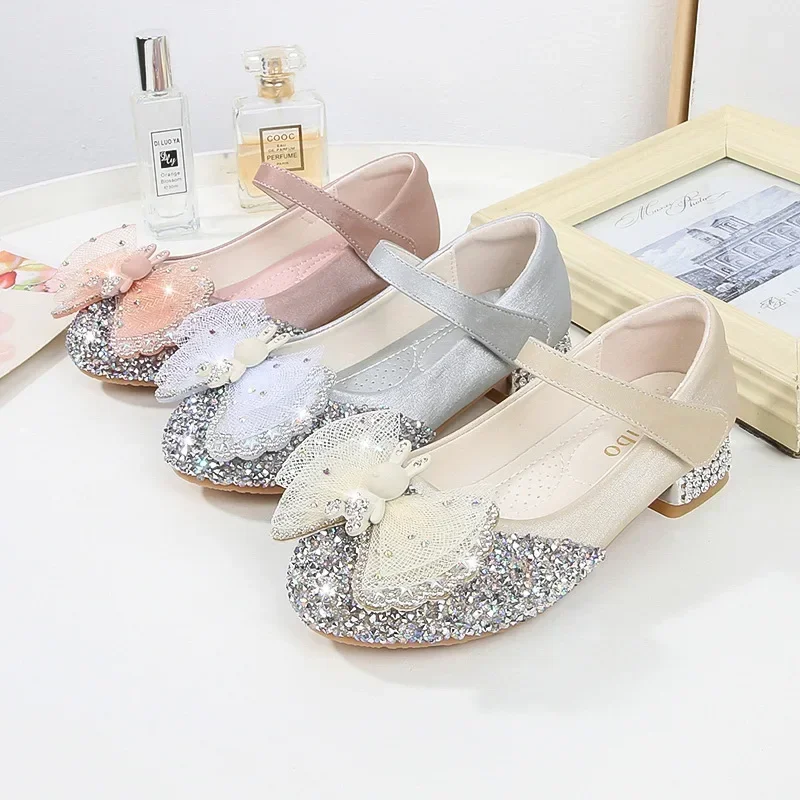

New Children's Sequined Leather Shoes Girls Princess Rhinestone Bowknot Dancing Shoes Fashion Baby Kids Wedding Parties Shoes