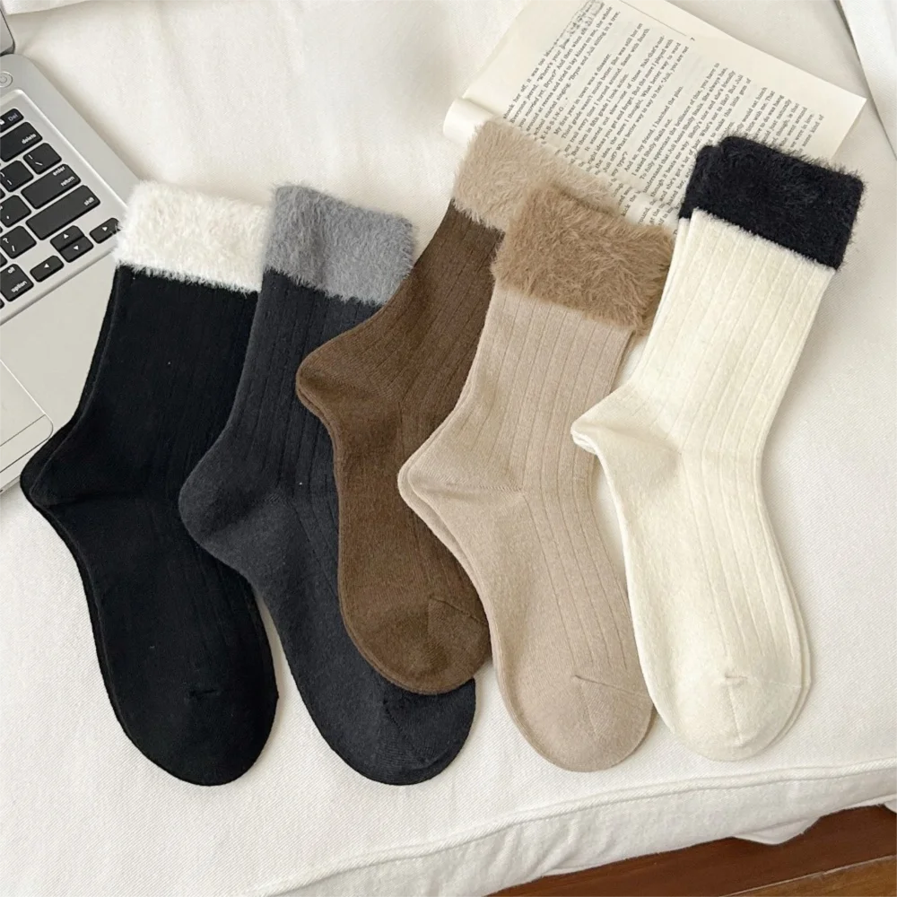 

5 Pair /bag Warm Thickened Wool Socks Simple Style Solid Color Warm Socks Against Cold Medium Tube Thermal Socks Casual Wear