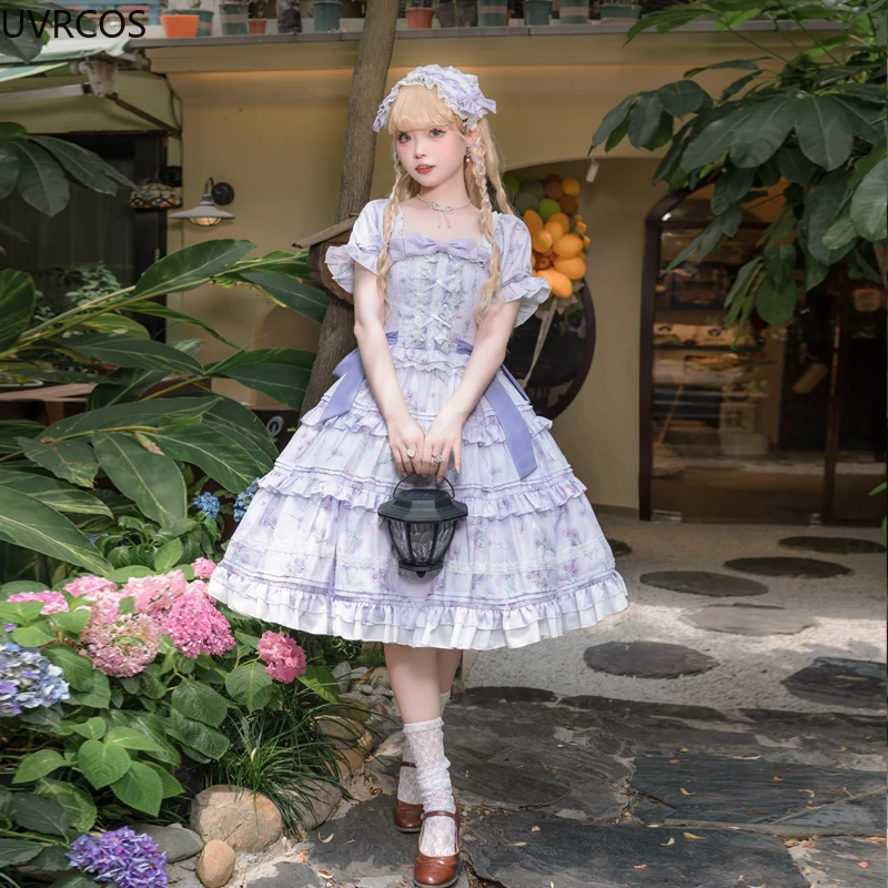 Japanese Kawaii Lolita OP Dress Women Vacation Vintage Ruffles Bow Bandage Purple Flowers Dresses Elegant Slim Princess Dresses