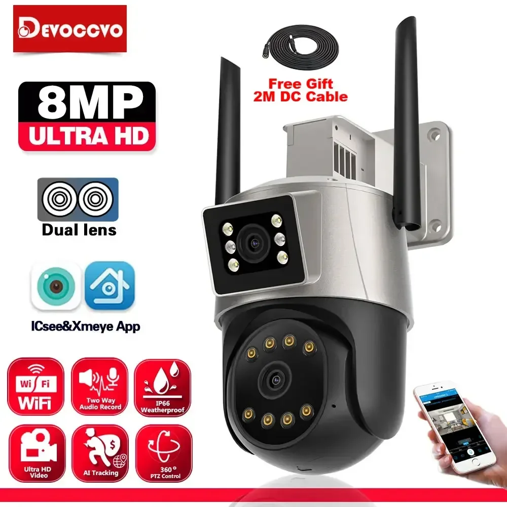 4K Wifi IP Security Camera Dual Lens Outdoor  Auto Tracking Wireless PTZ CCTV Surveillance Camera 8MP Color Night Vision IP Cam
