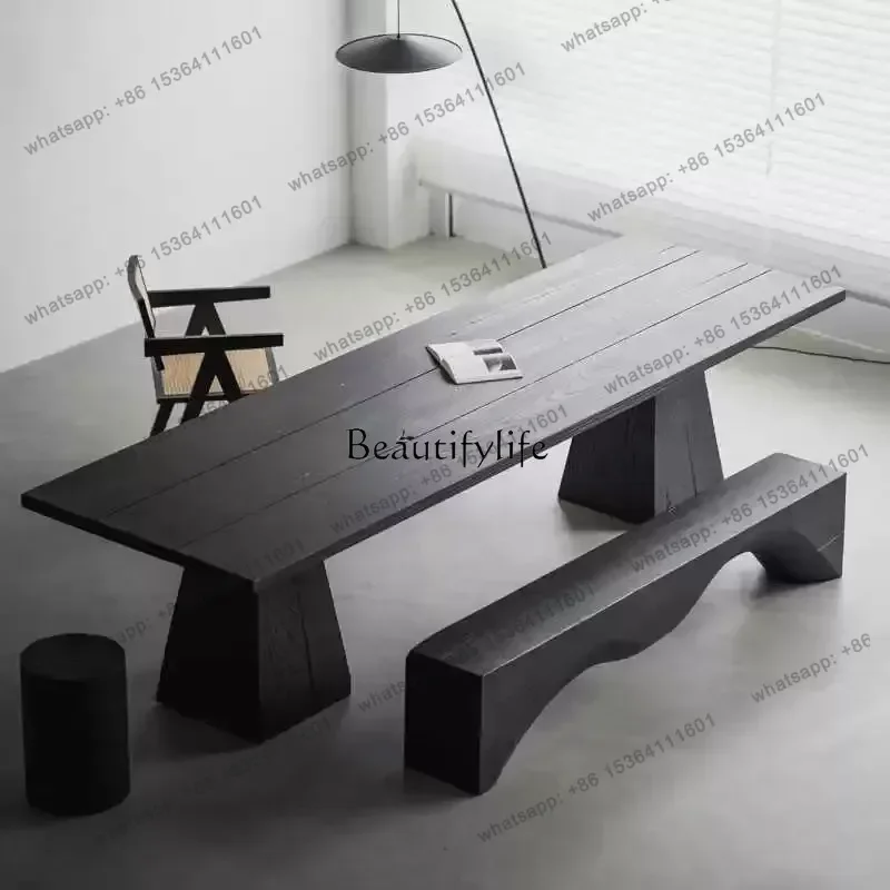 

56PWabi Sabi creative workbench ash wood carbonized solid wood black tea table