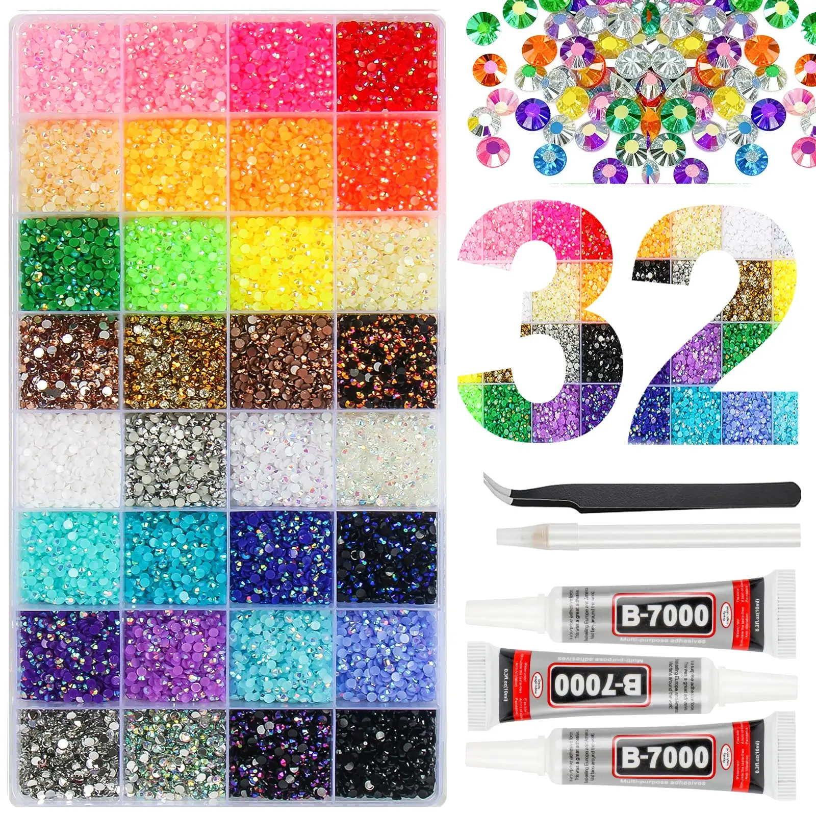 16000PCS 3mm Bedazzling Rhinestones Kit for DIY Nail Art, 32 Colors Flatback Non-Hotfix Craft Gems with Pick Pen Tweezers Glue