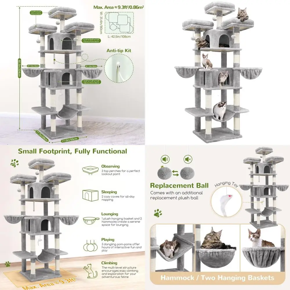 

80 XXL Indoor Cat Tower for Multiple Cats - Scratching, Hammock, 3 Perches, 2 Condos, 2 Baskets, Light Grey