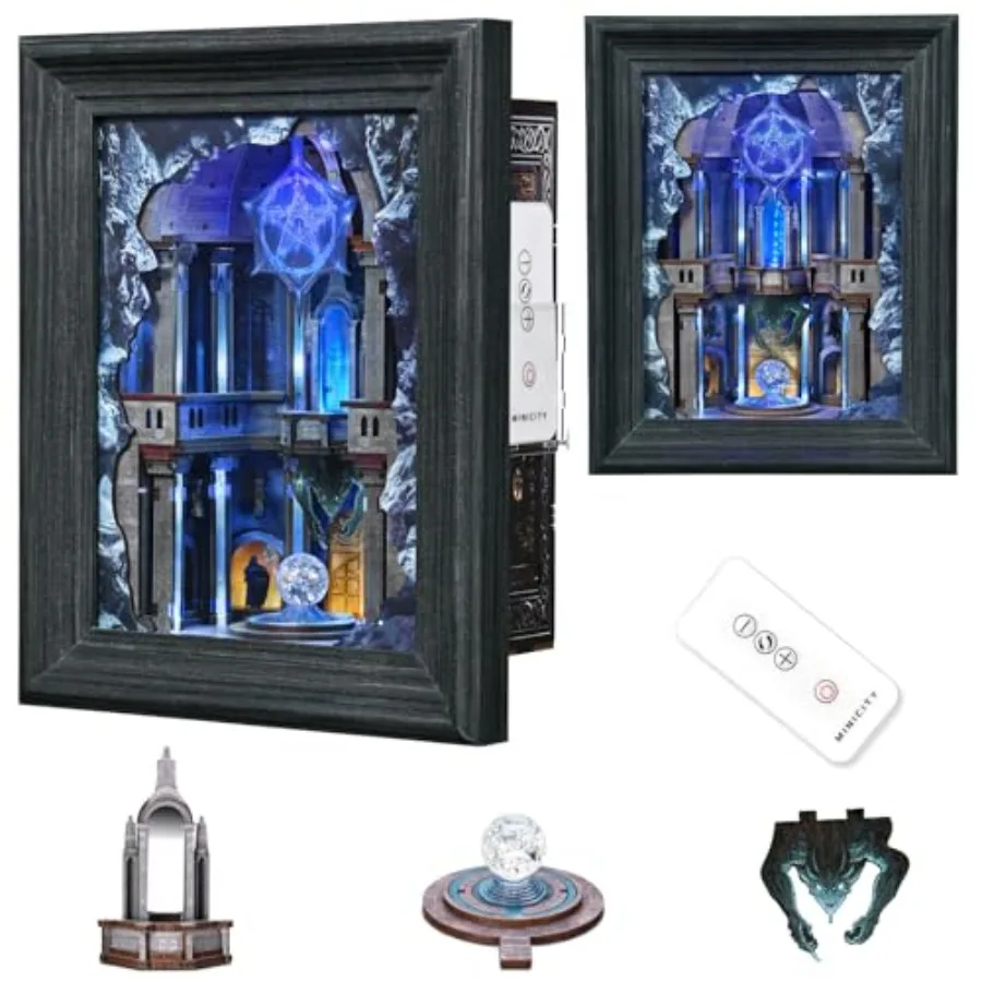 Book Nook Kit with Frame, 3D Wooden Puzzle Wall Art and Bookend with LED Lights and Remote, Diorama Model with 6 Light Modes, W