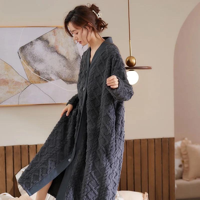 Women Winter Plush Lengthened Shawl Bathrobe Home Clothes Long Sleeved Robe Coat Female Thick Coral Fleece Elegant Dressing Gown