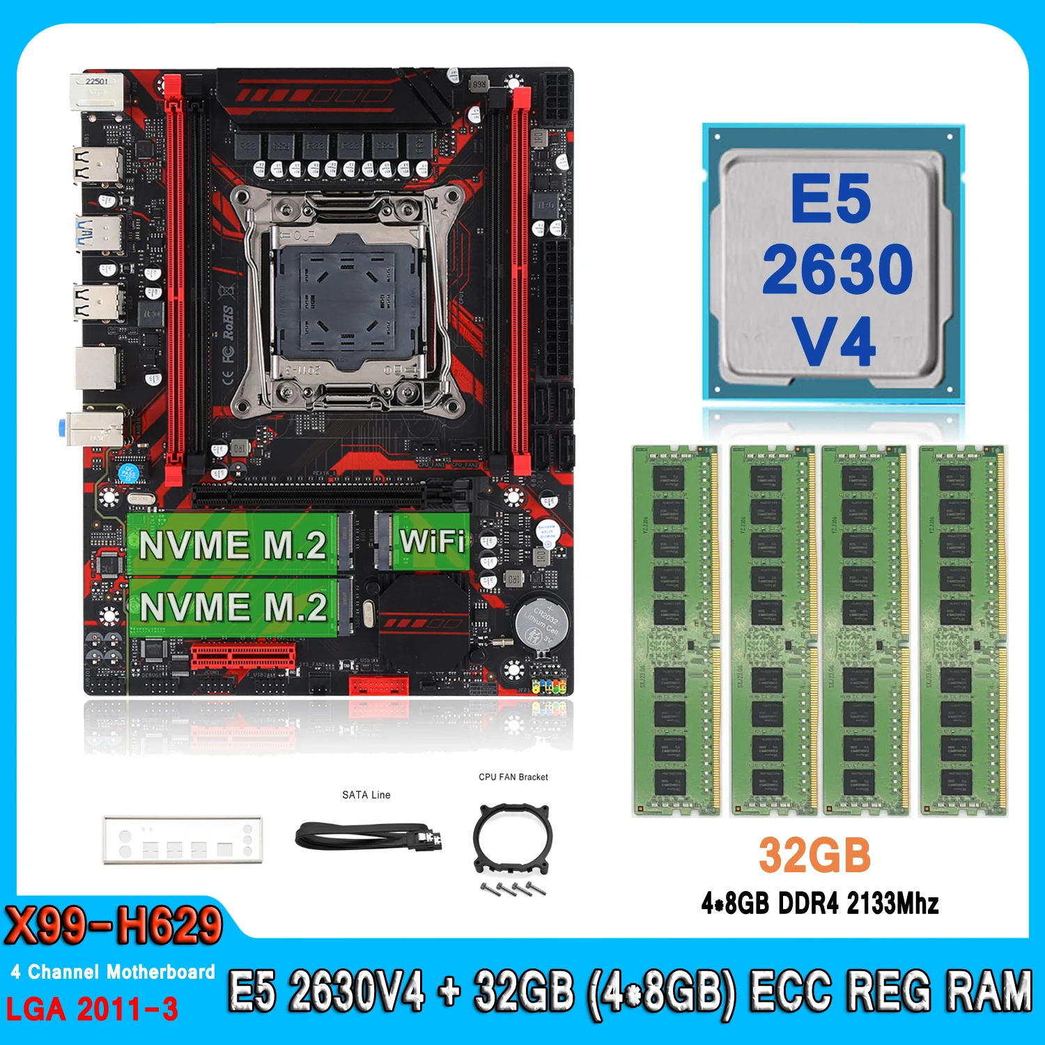 X99 Motherboard Kit XEON LGA 2011-3 Set E5 2630 V4 With 32GB(4*8GB) DDR4 REG RAM Combo Four Channel E5 2630V4 Motherboard Set