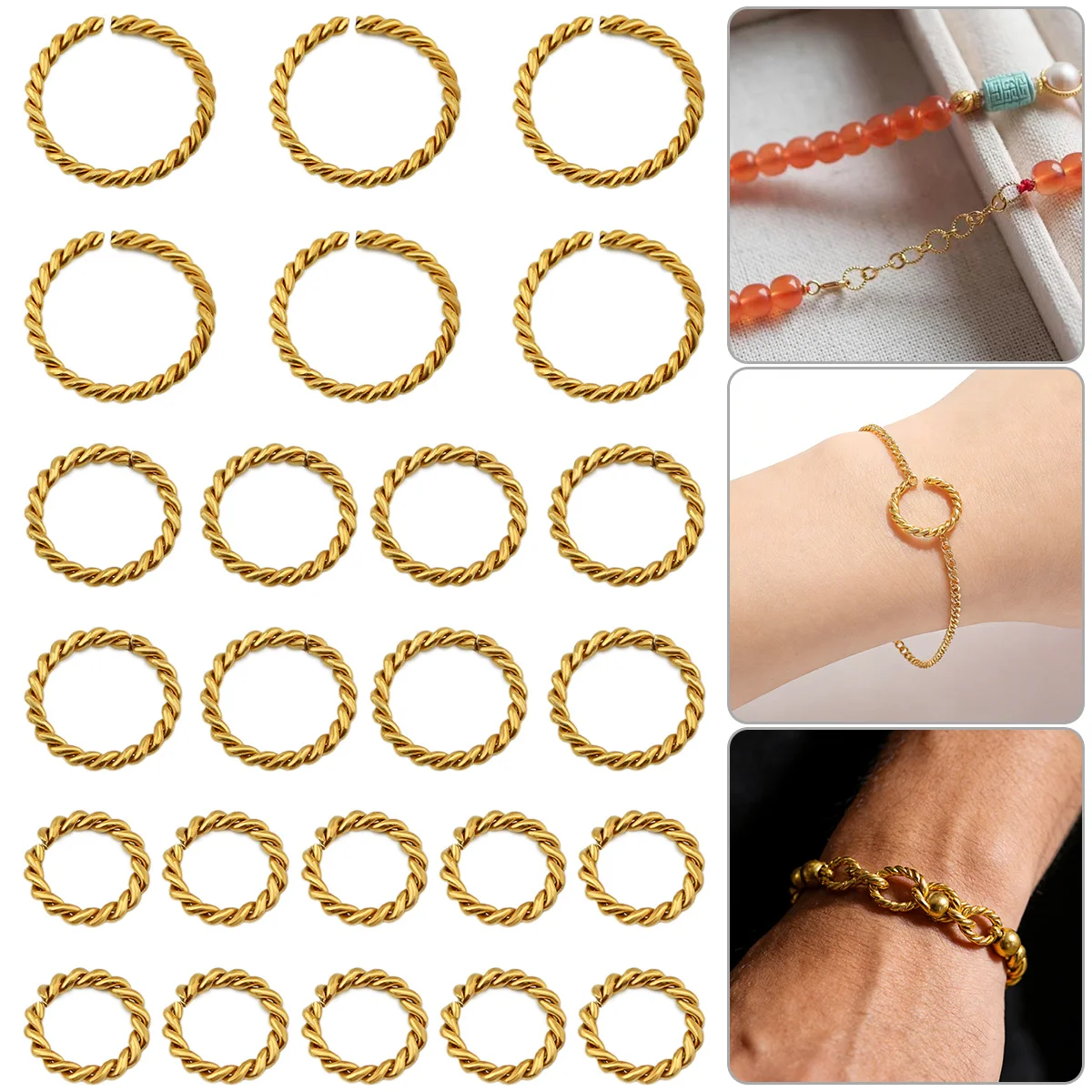 20Pcs Stainless Steel Twisted Circle Rings 8/10/12mm Gold & Silver Color for DIY Jewelry Making Connectors Earrings Pendants