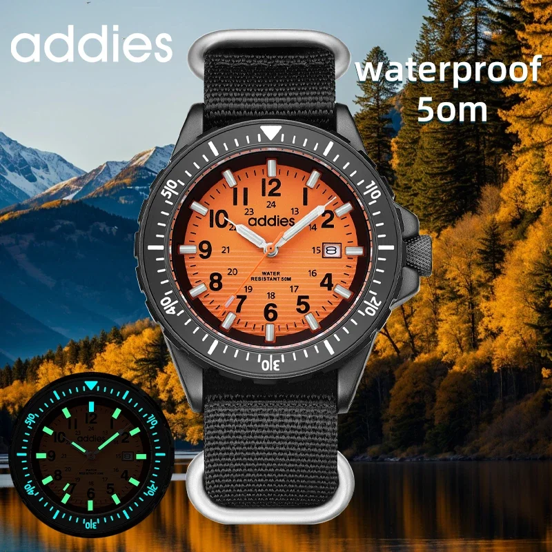 ADDIES Militär Outdoor Sport Herren Quarzuhr 50M Wasserdichtigkeit 41mm Nylonarmband Röhrenförmiges Leuchtzifferblatt Herren Armbanduhr