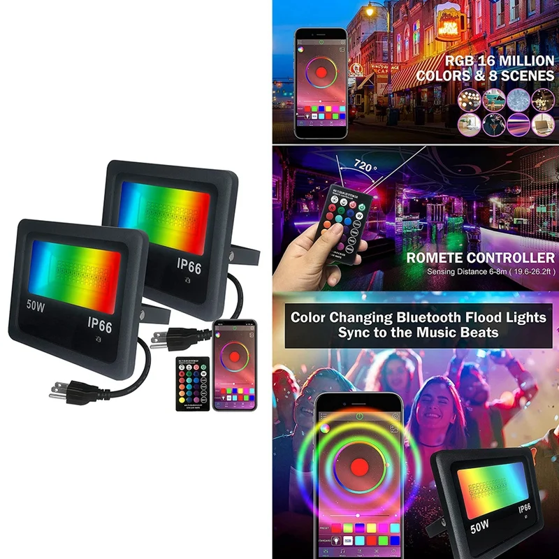 

RGB Flood Light , Smart APP Control 50W Color Changing Exterior Light Outdoor LED Flood Light With Remote,US Plug